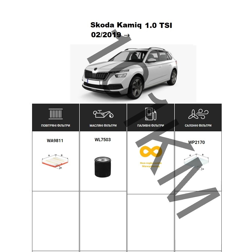 Комплект фільтрів Skoda Kamiq 1.0 TSI (2019-) WIX