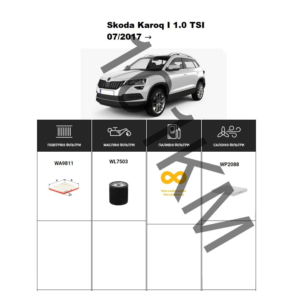 Комплект фільтрів Skoda Karoq 1.0 TSI (2017-) WIX