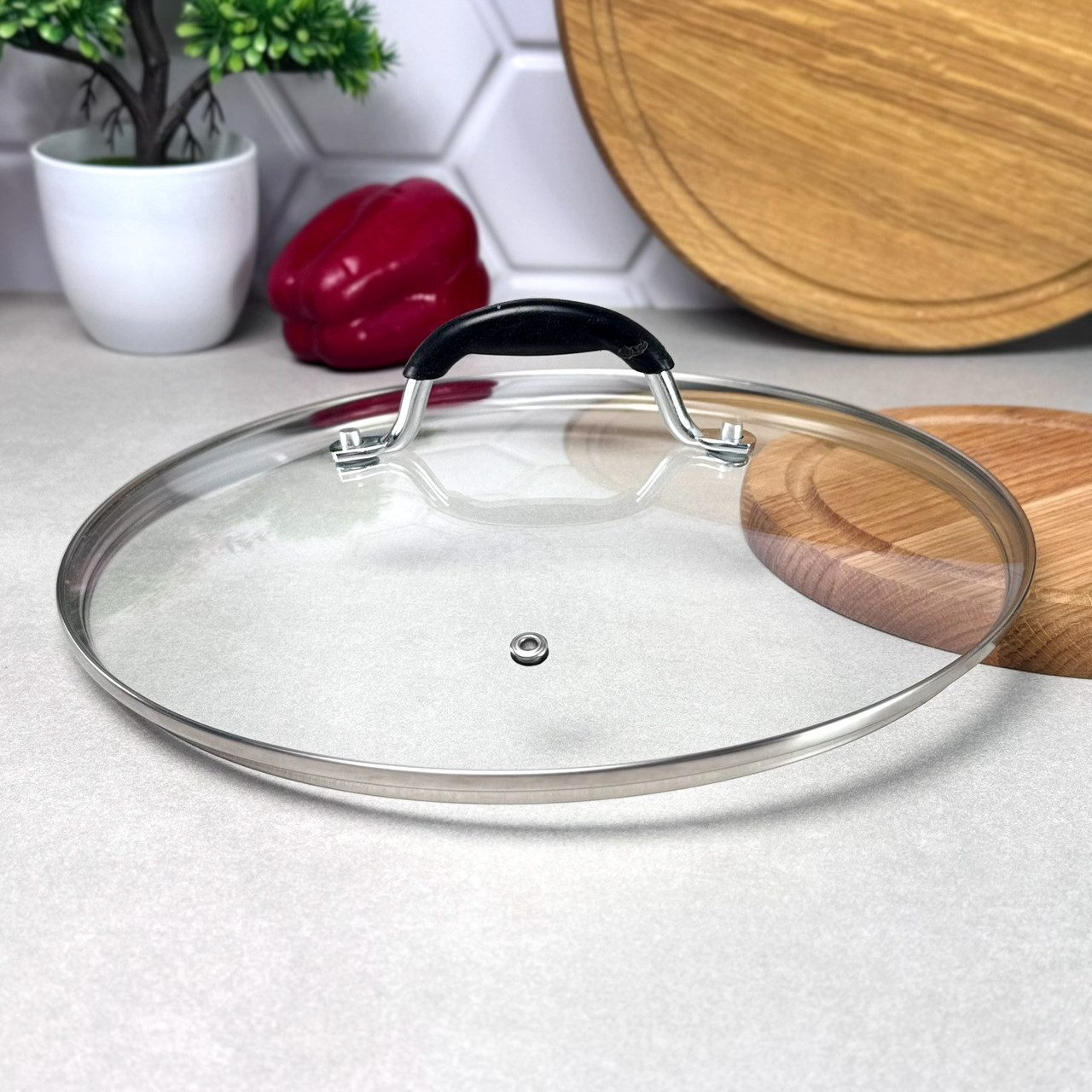 Скляна кришка 24 см для кухонного посуду з ручкою, що не нагрівається Ardesto Black Mars