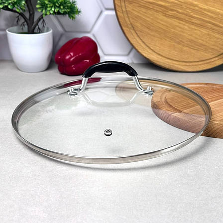 Скляна кришка 24 см для кухонного посуду з ручкою, що не нагрівається Ardesto Black Mars, фото 1