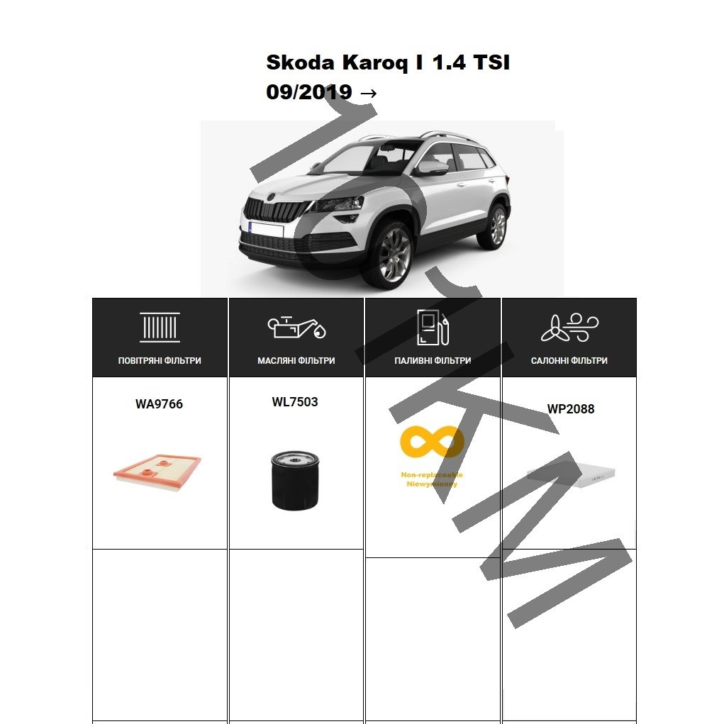 Комплект фільтрів Skoda Karoq 1.4 TSI (2019-) WIX