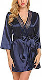 Стрейчевий жіночий халат з мереживом синього кольору з поясом, фото 3