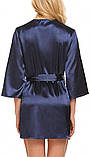 Стрейчевий жіночий халат з мереживом синього кольору з поясом, фото 4