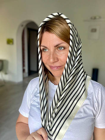 Шийна шовкова хустка Fashion Жаклін смужки 70*70 см молочний, фото 1