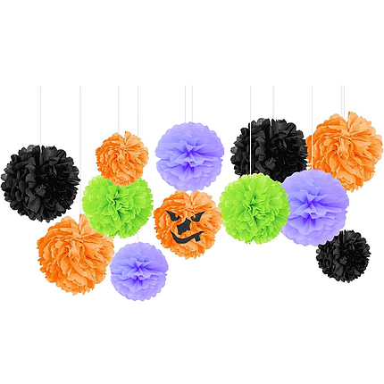 Набір з паперових куль Помпони Halloween | Помаранчевий Салатовий Чорний Бузковий, фото 1