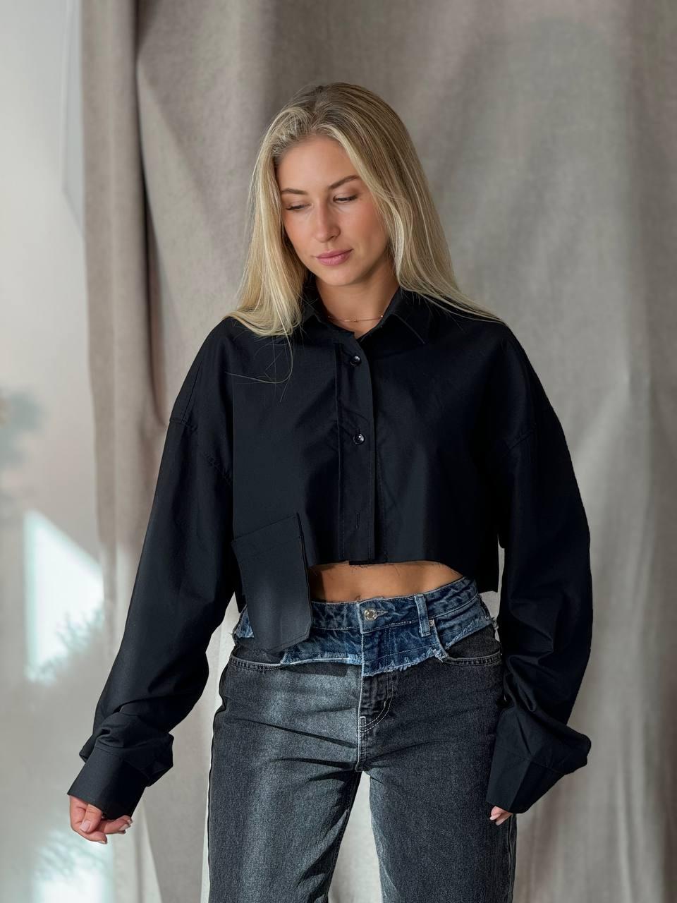 Чорна жіноча молодіжна укорочена коттонова сорочка оверсайз у стилі "ZARA" на ґудзиках