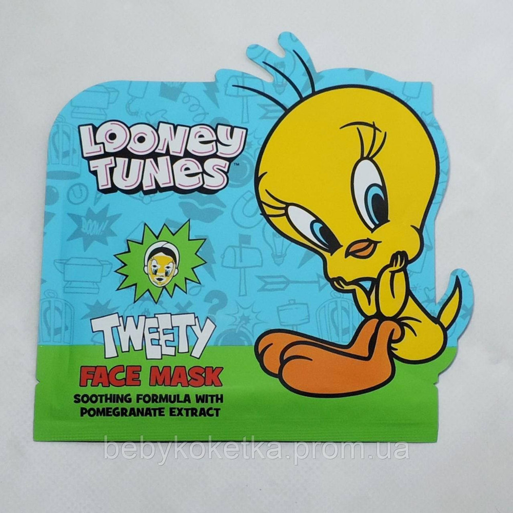 Дитяча тканинна маска для обличчя заспокоювальна з ексирактом граната Looney Tunes Tweety 20 мл.