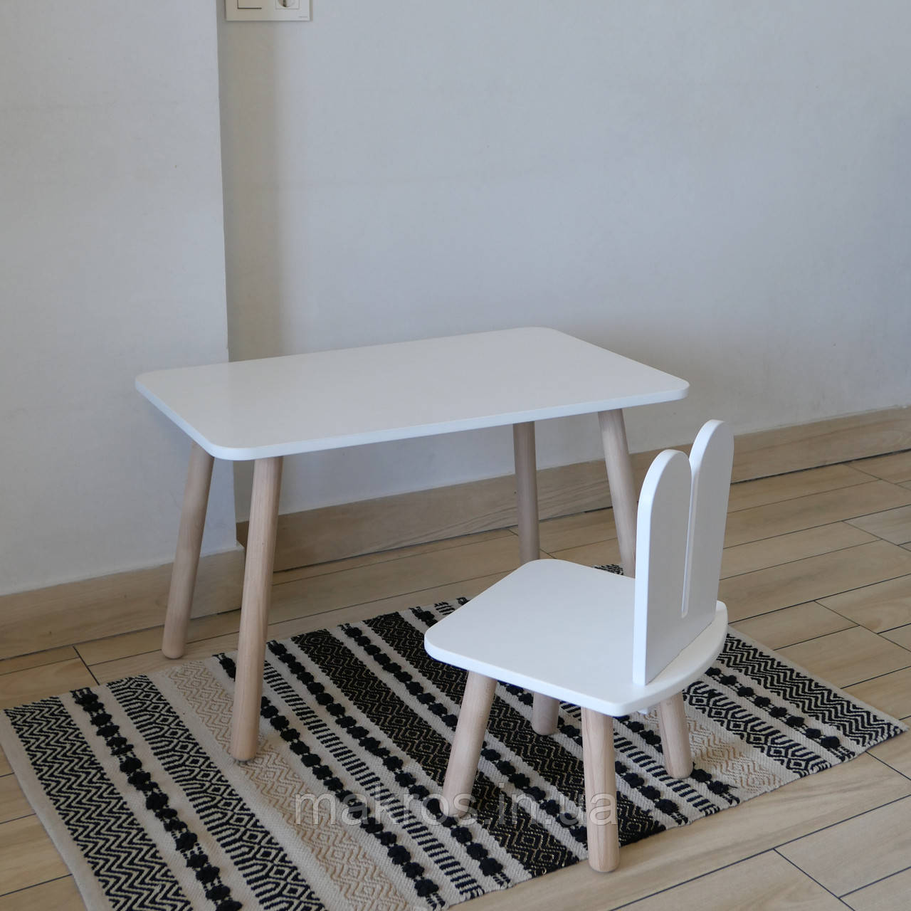 Комплект стіл та стул дитячий ChildWood - Set Стіл білий прямокутний + стілець білий Зайчик (Фанера), фото 1