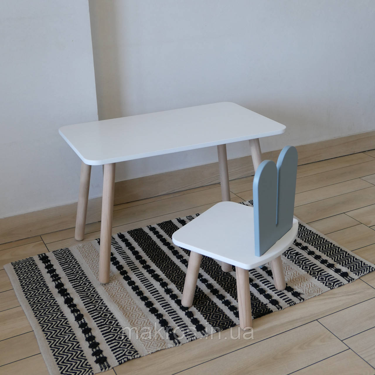 Комплект стіл та стул дитячий ChildWood - Set  Стіл білий прямокутний + стілець білий сірий Зайчик  (Фанера), фото 1