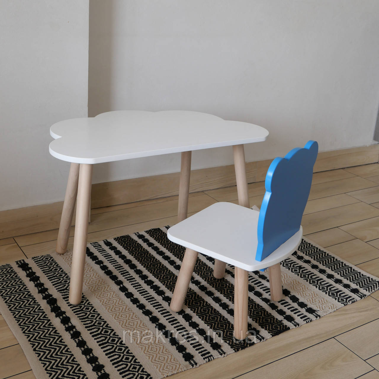 Комплект стіл та стул дитячий ChildWood - Set  Стіл білий хмаринка + стілець білий блакитний Ведмедик (Фанера), фото 1