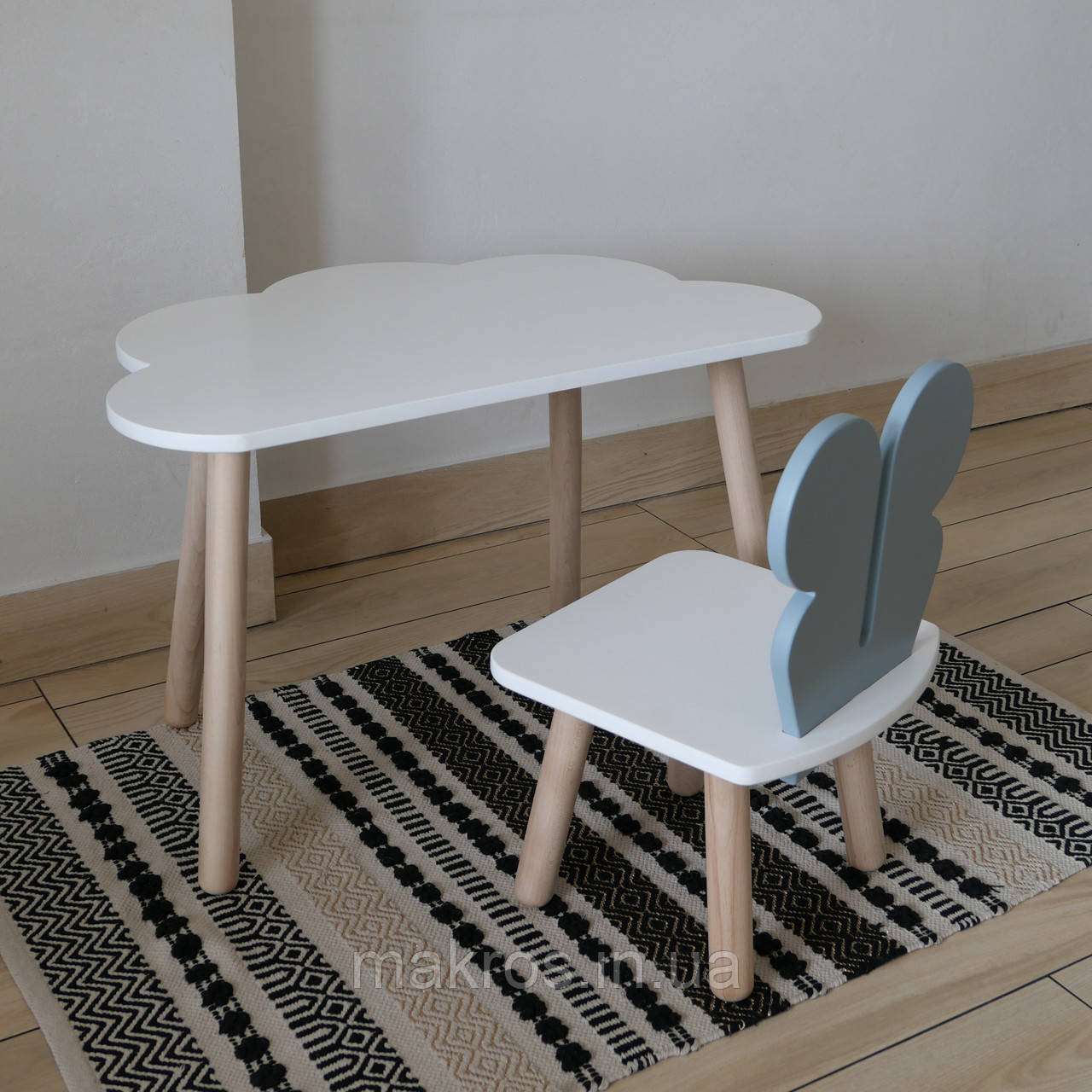 Комплект стіл та стул дитячий ChildWood - Set  Стіл білий хмаринка + стілець білий сірий Метелик  (Фанера), фото 1