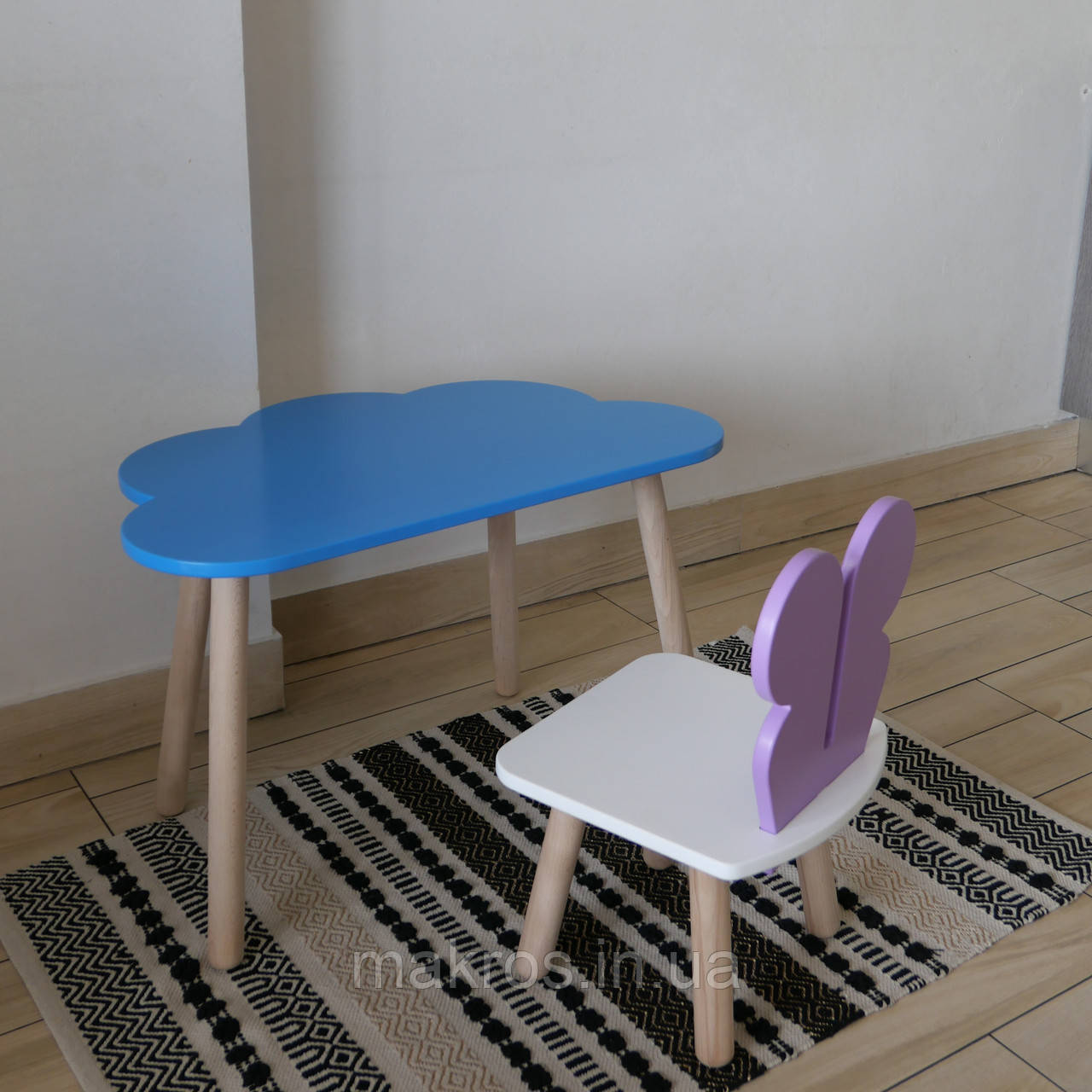 Комплект стіл та стул дитячий ChildWood - Set Стіл блакитний хмаринка + стілець білий бузковий Метелик, фото 1