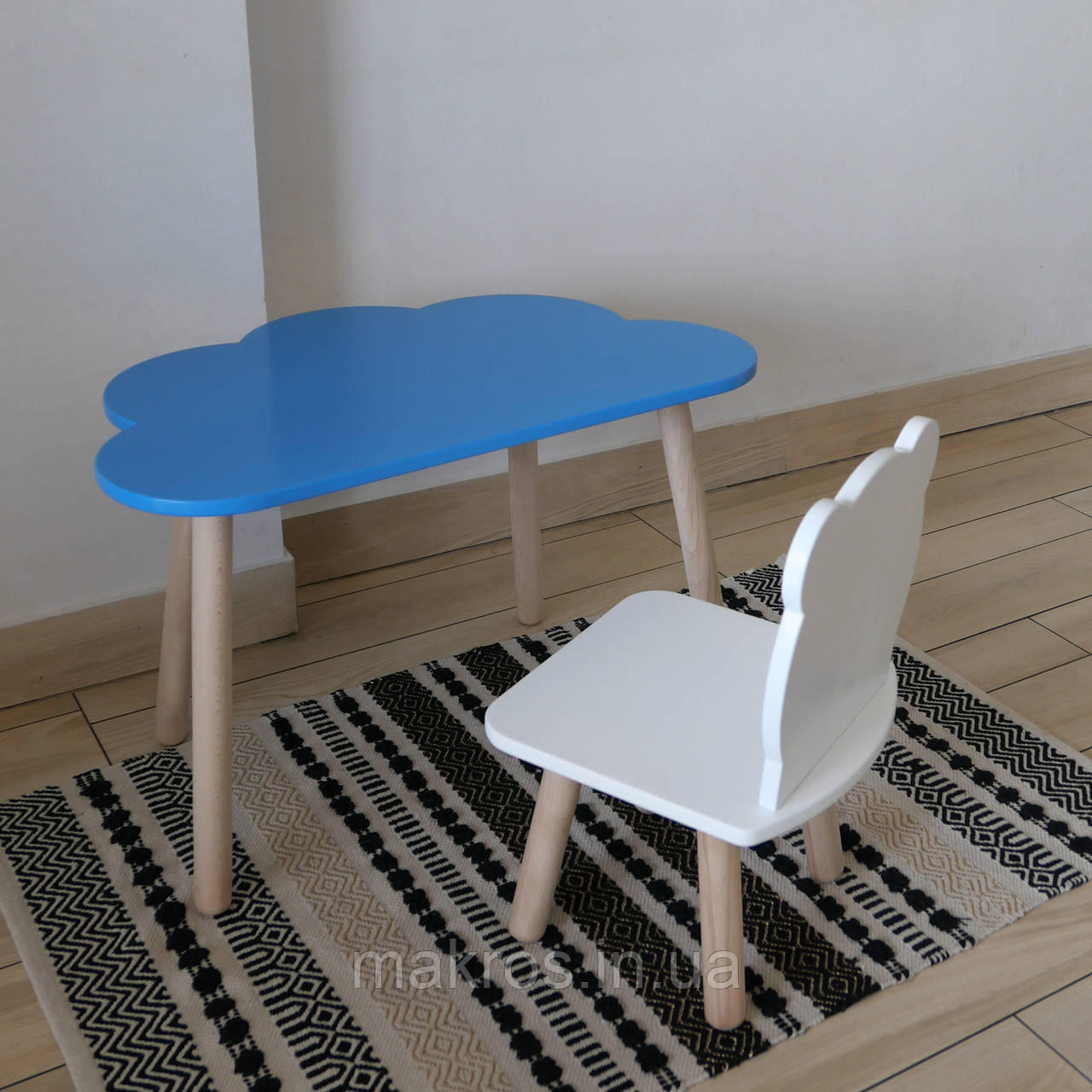 Комплект стіл та стул дитячий ChildWood - Set  Стіл блакитний хмаринка + стілець білий Ведмедик (Фанера), фото 1