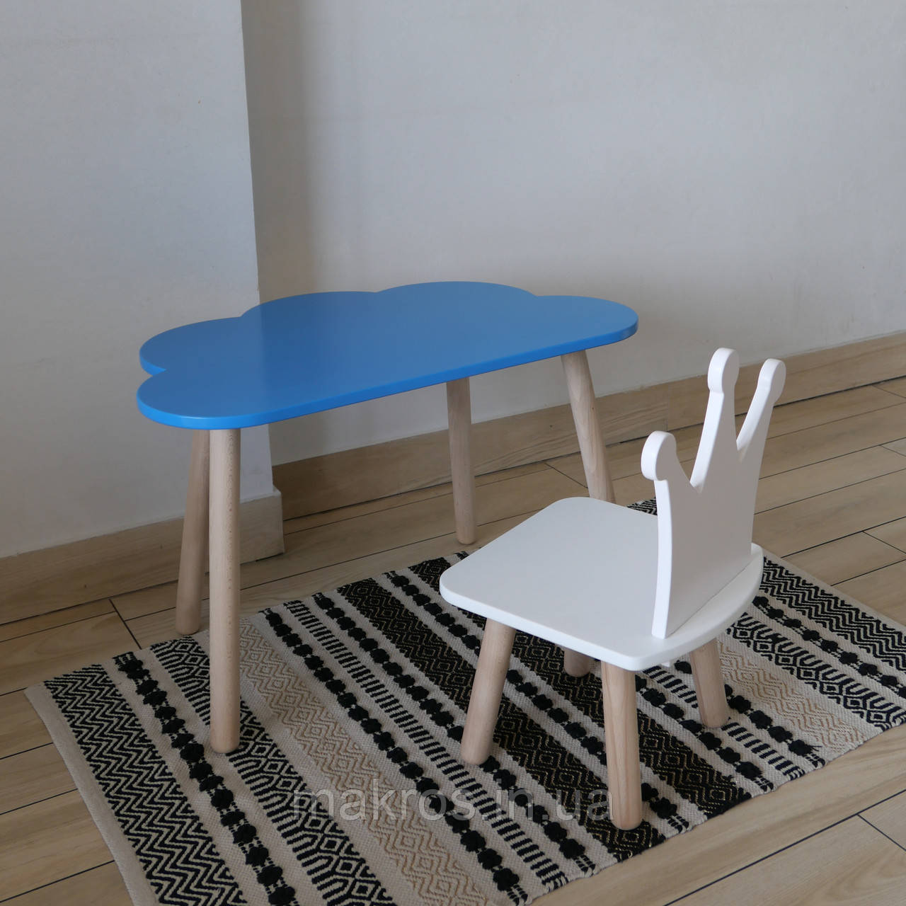 Комплект стіл та стул дитячий ChildWood - Set Стіл блакитний хмаринка + стілець білий Корона (Фанера), фото 1
