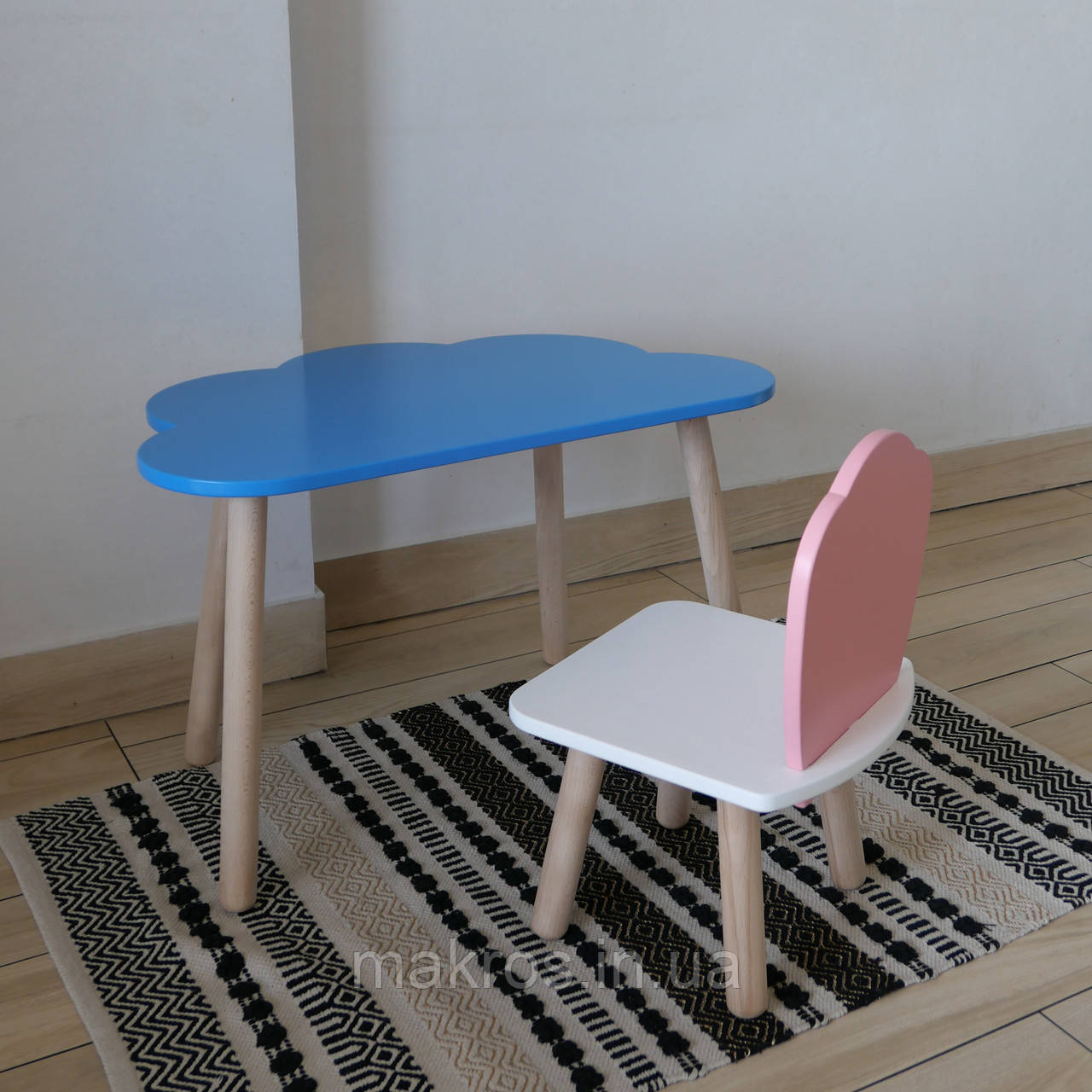 Комплект стіл та стул дитячий ChildWood - Set  Стіл блакитний хмаринка + стілець білий рожевий Мушля (Фанера), фото 1