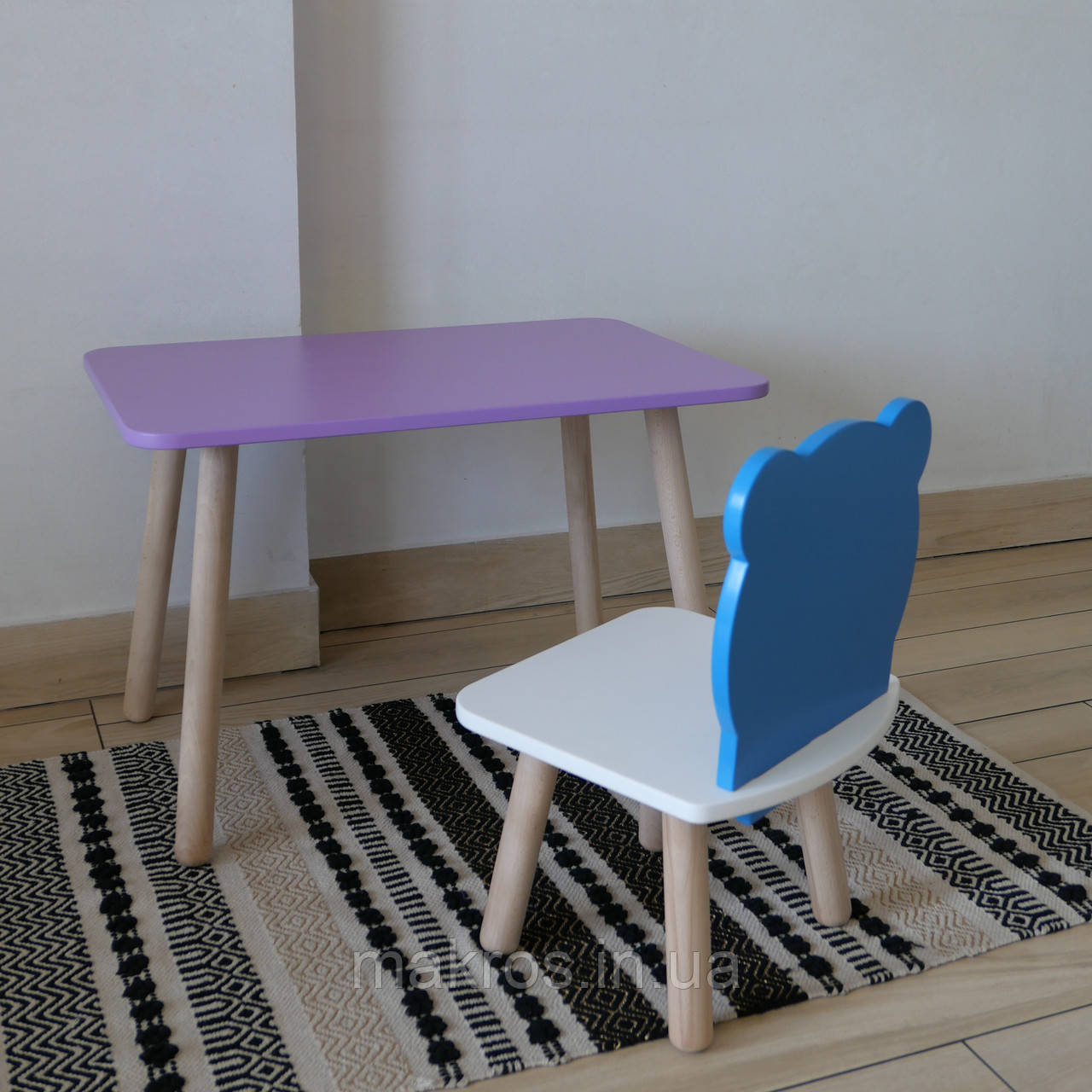 Комплект стіл та стул дитячий ChildWood - Set  Стіл бузковий прямокутний + стілець білий блакитний Ведмедик, фото 1