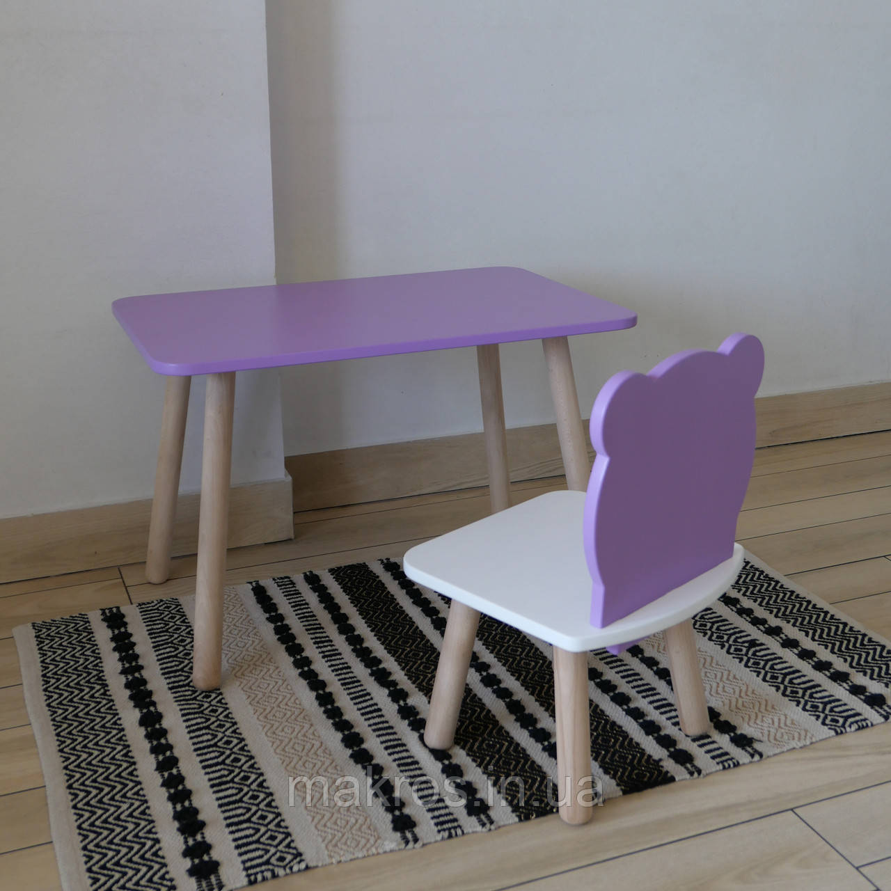 Комплект стіл та стул дитячий ChildWood - Set  Стіл бузковий прямокутний + стілець білий бузковий Ведмедик, фото 1