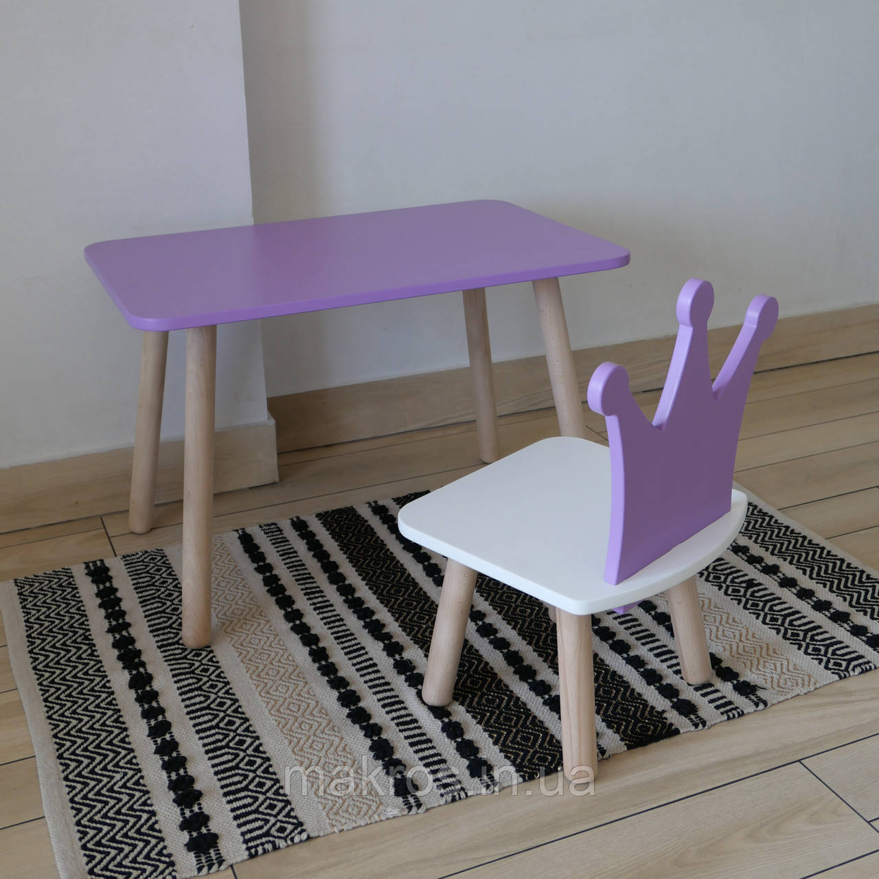 Комплект стіл та стул дитячий ChildWood - Set  Стіл бузковий прямокутний + стілець білий бузковий Корона, фото 1