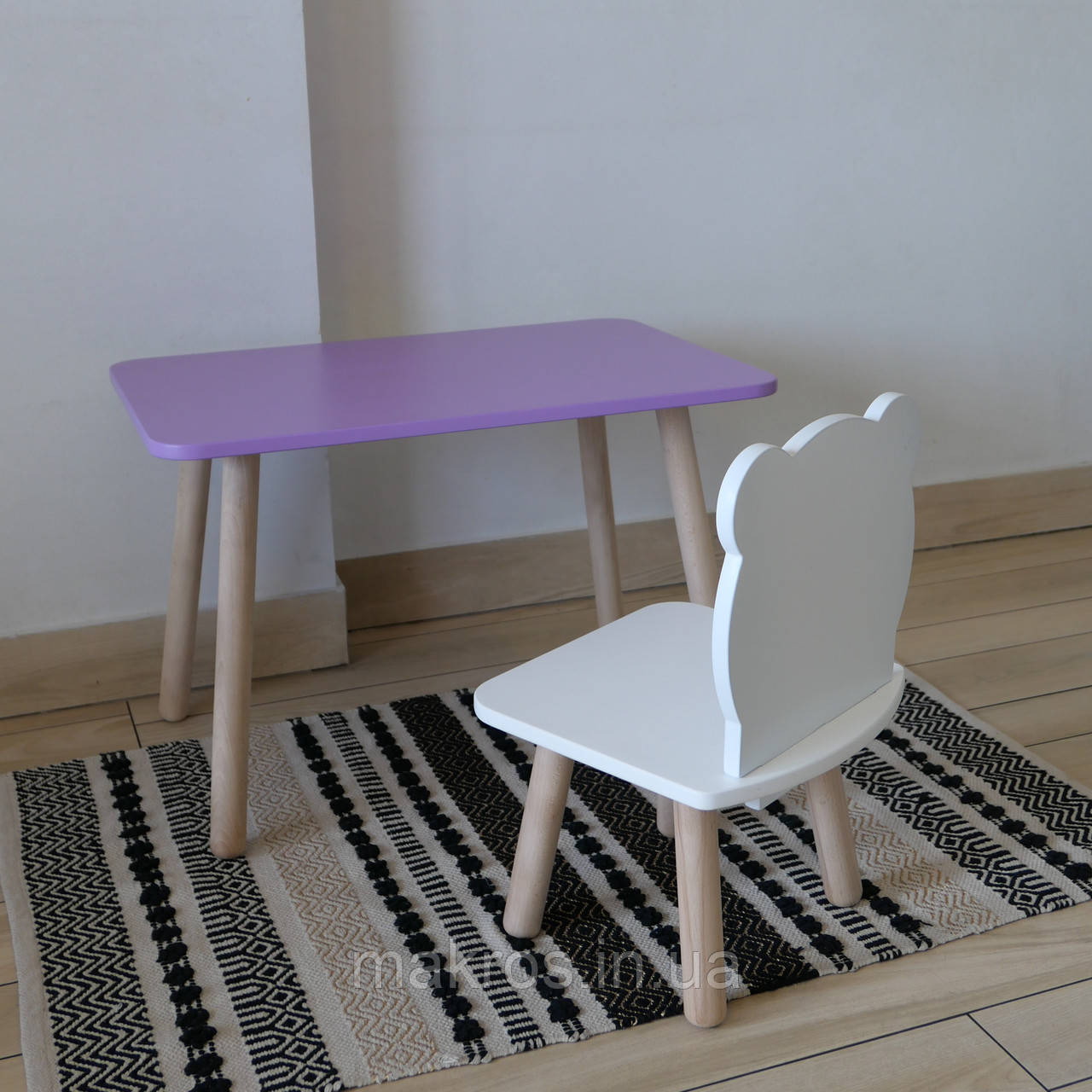 Комплект стіл та стул дитячий ChildWood - Set  Стіл бузковий прямокутний + стілець білий Ведмедик (Фанера), фото 1