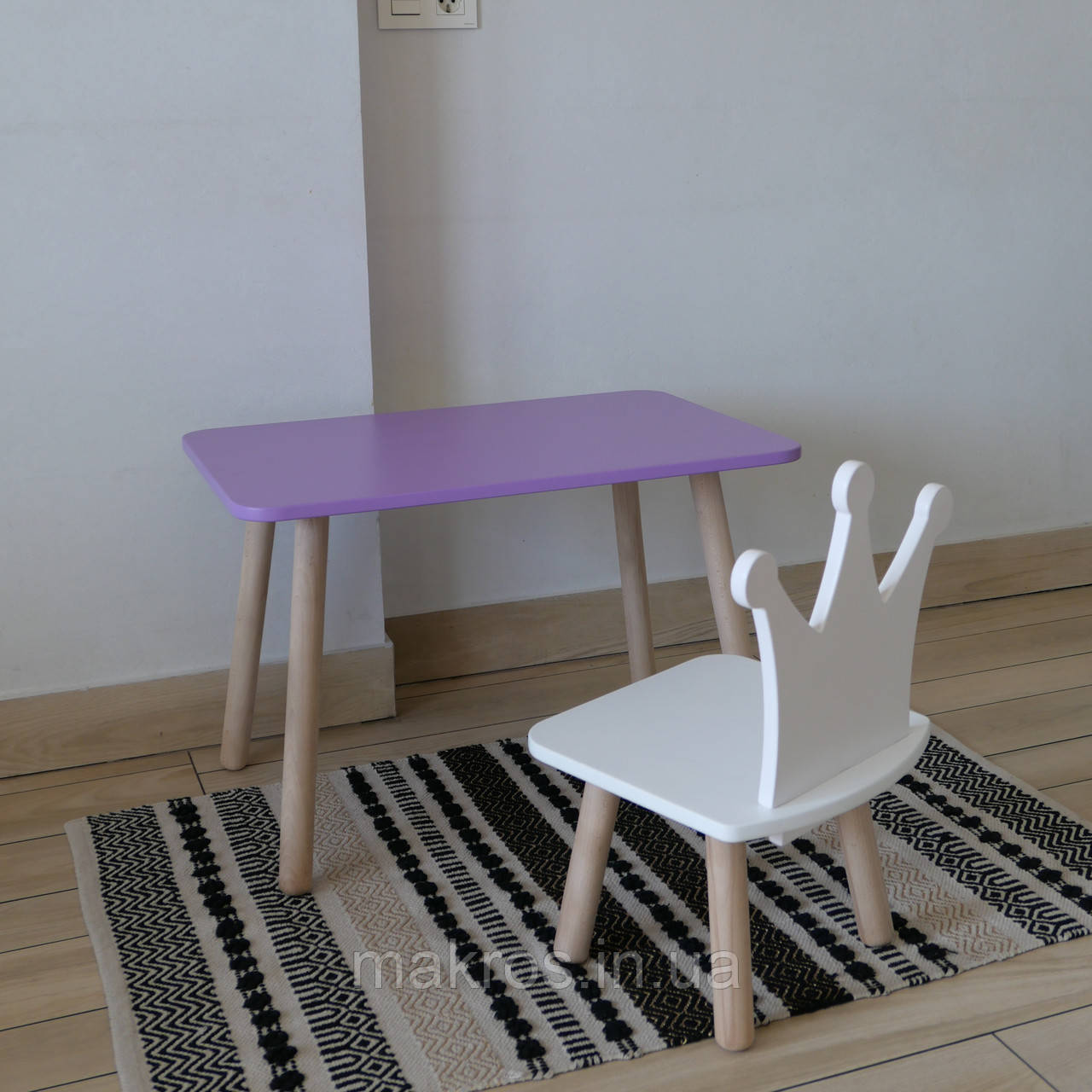 Комплект стіл та стул дитячий ChildWood - Set  Стіл бузковий прямокутний + стілець білий Корона  (Фанера), фото 1
