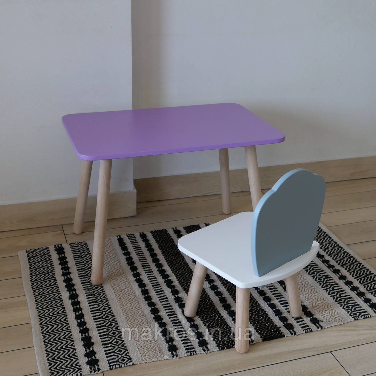 Комплект стіл та стул дитячий ChildWood - Set  Стіл бузковий прямокутний + стілець білий сірий Мушля (Фанера), фото 1
