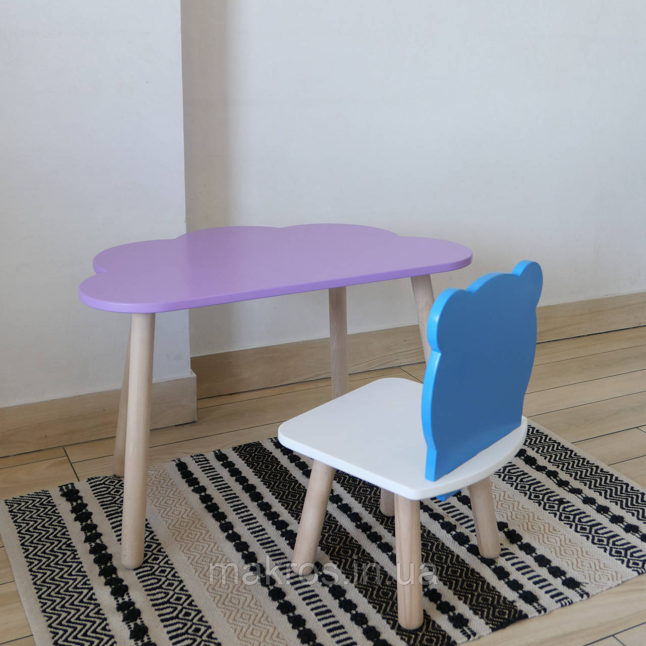Комплект стіл та стул дитячий ChildWood - Set Стіл бузковий хмаринка + стілець білий блакитний Ведмедик, фото 1