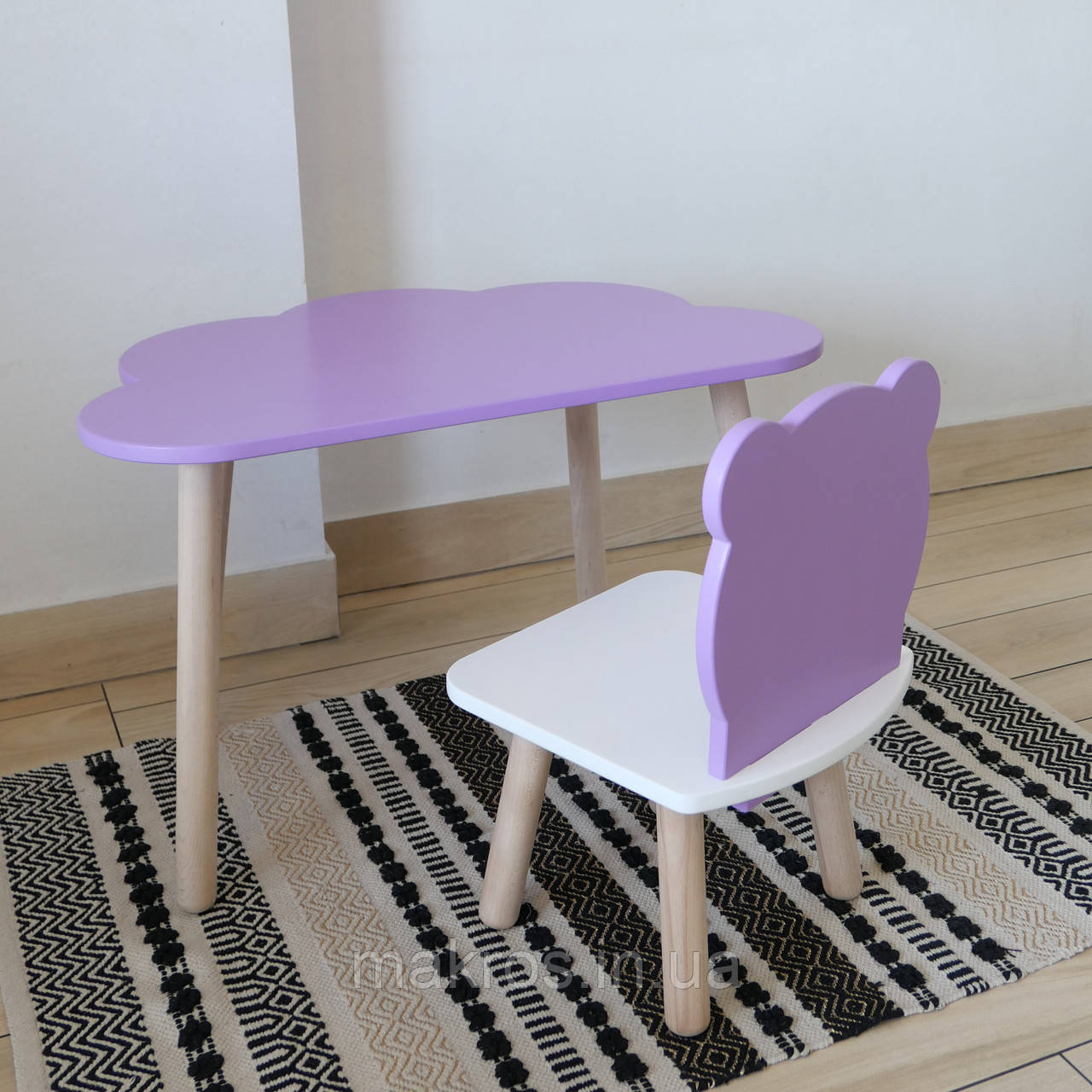 Комплект стіл та стул дитячий ChildWood - Set  Стіл бузковий хмаринка + стілець білий бузковий Ведмедик, фото 1