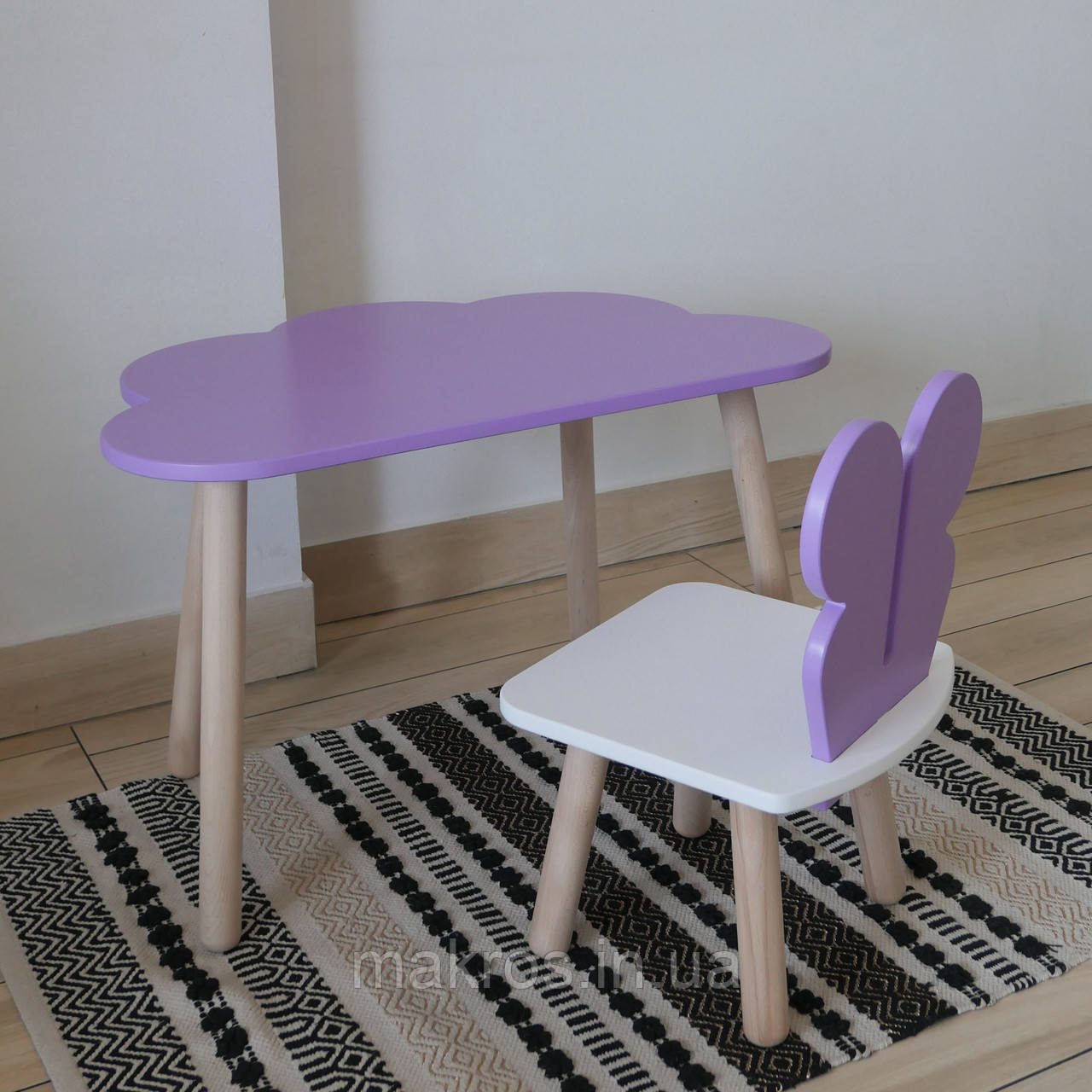 Комплект стіл та стул дитячий ChildWood - Set  Стіл бузковий хмаринка + стілець білий бузковий Метелик, фото 1