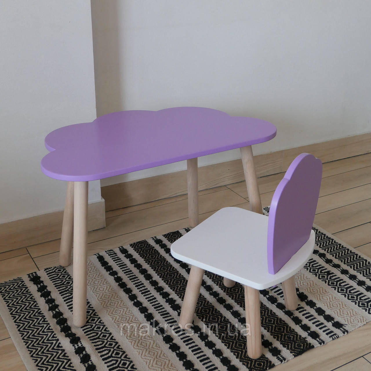 Комплект стіл та стул дитячий ChildWood - Set  Стіл бузковий хмаринка + стілець білий бузковий Мушля (Фанера), фото 1