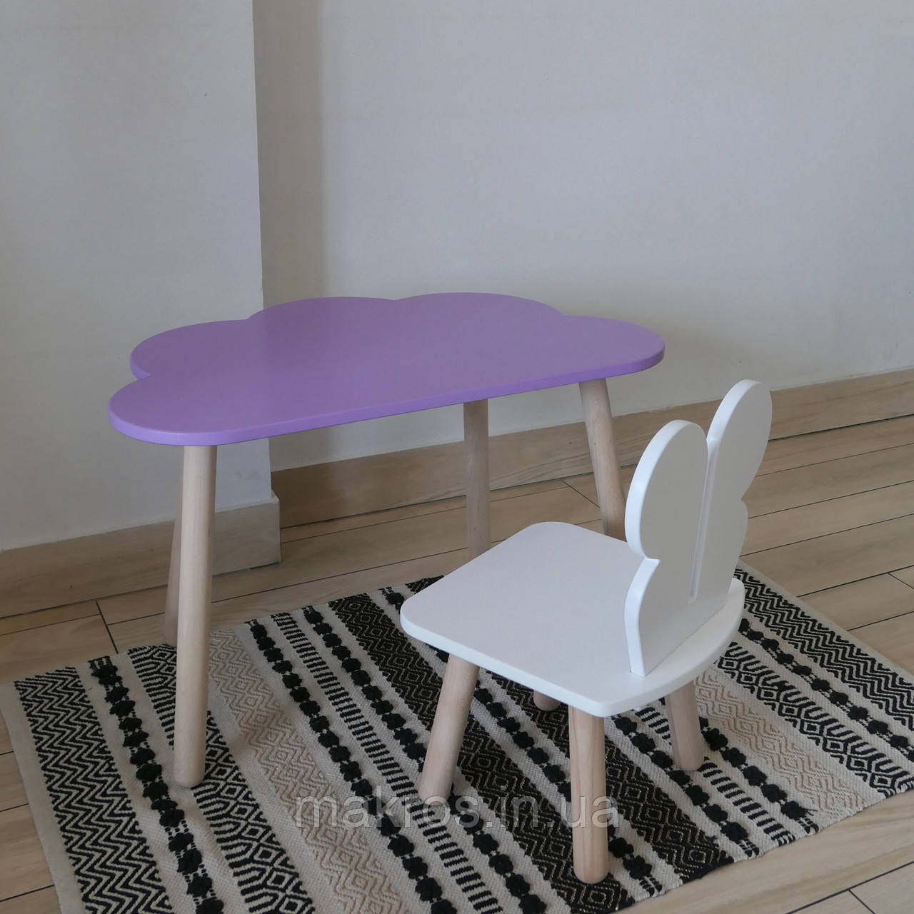Комплект стіл та стул дитячий ChildWood - Set  Стіл бузковий Хмаринка + стілець білий Метелик  (Фанера), фото 1