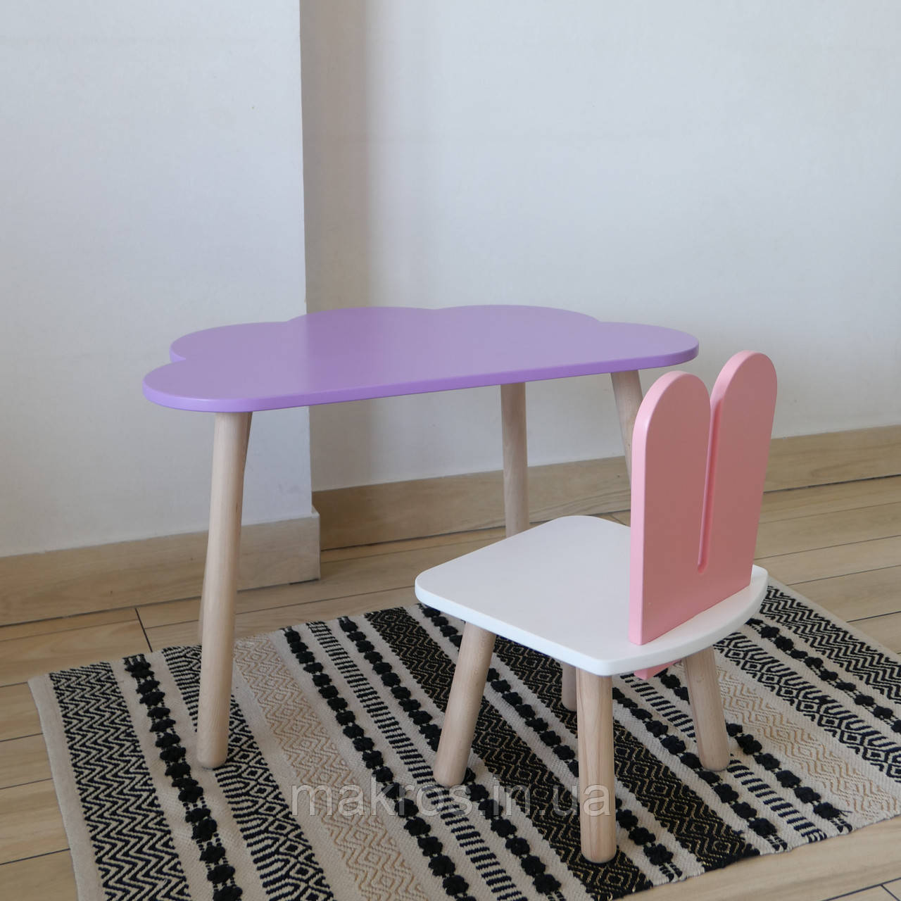Комплект стіл та стул дитячий ChildWood - Set Стіл бузковий хмаринка + стілець білий рожевий Зайчик (Фанера), фото 1
