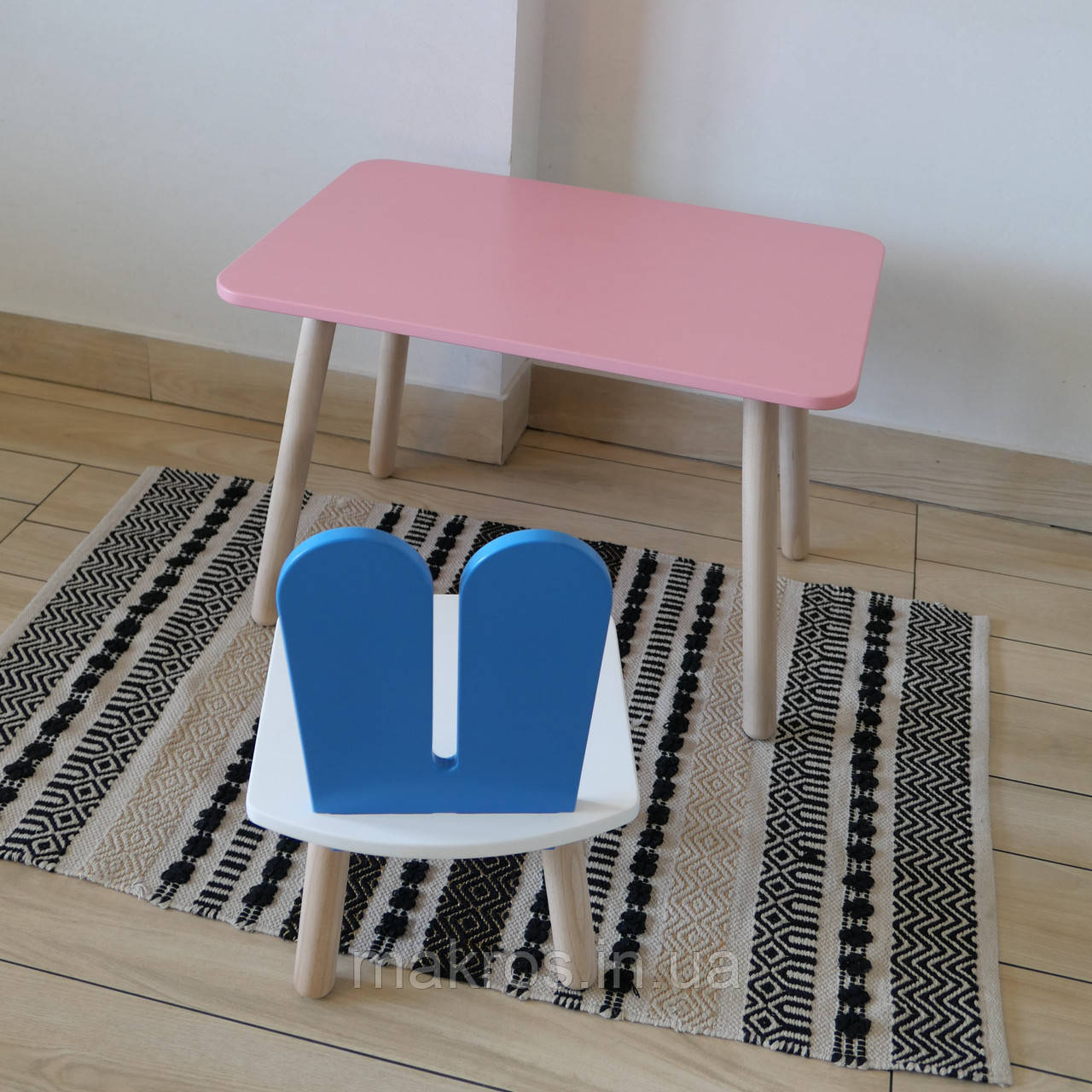 Комплект стіл та стул дитячий ChildWood - Set  Стіл рожевий прямокутний + стілець білий блакитний Зайчик, фото 1