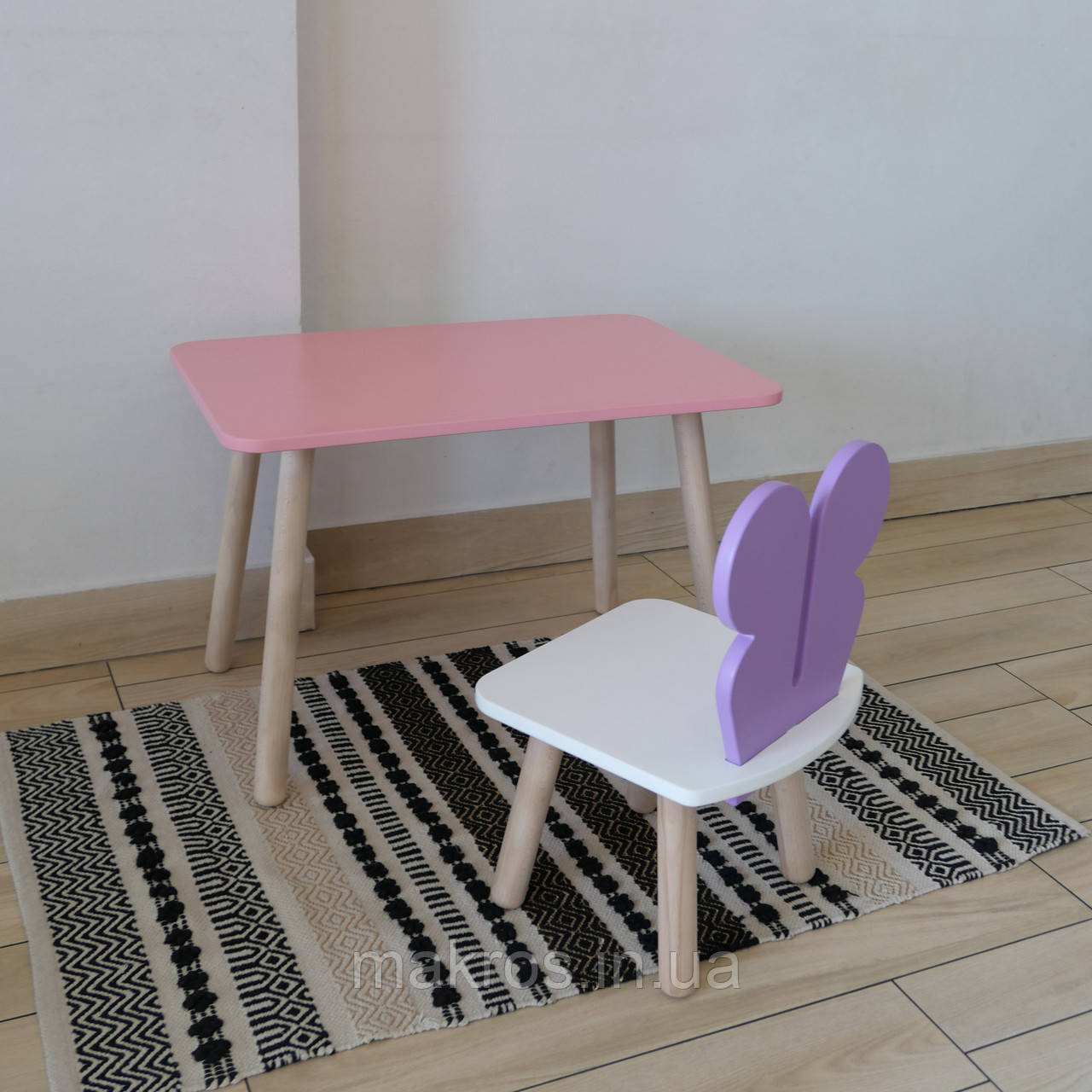 Комплект стіл та стул дитячий ChildWood - Set  Стіл рожевий прямокутний + стілець білий бузковий Метелик, фото 1