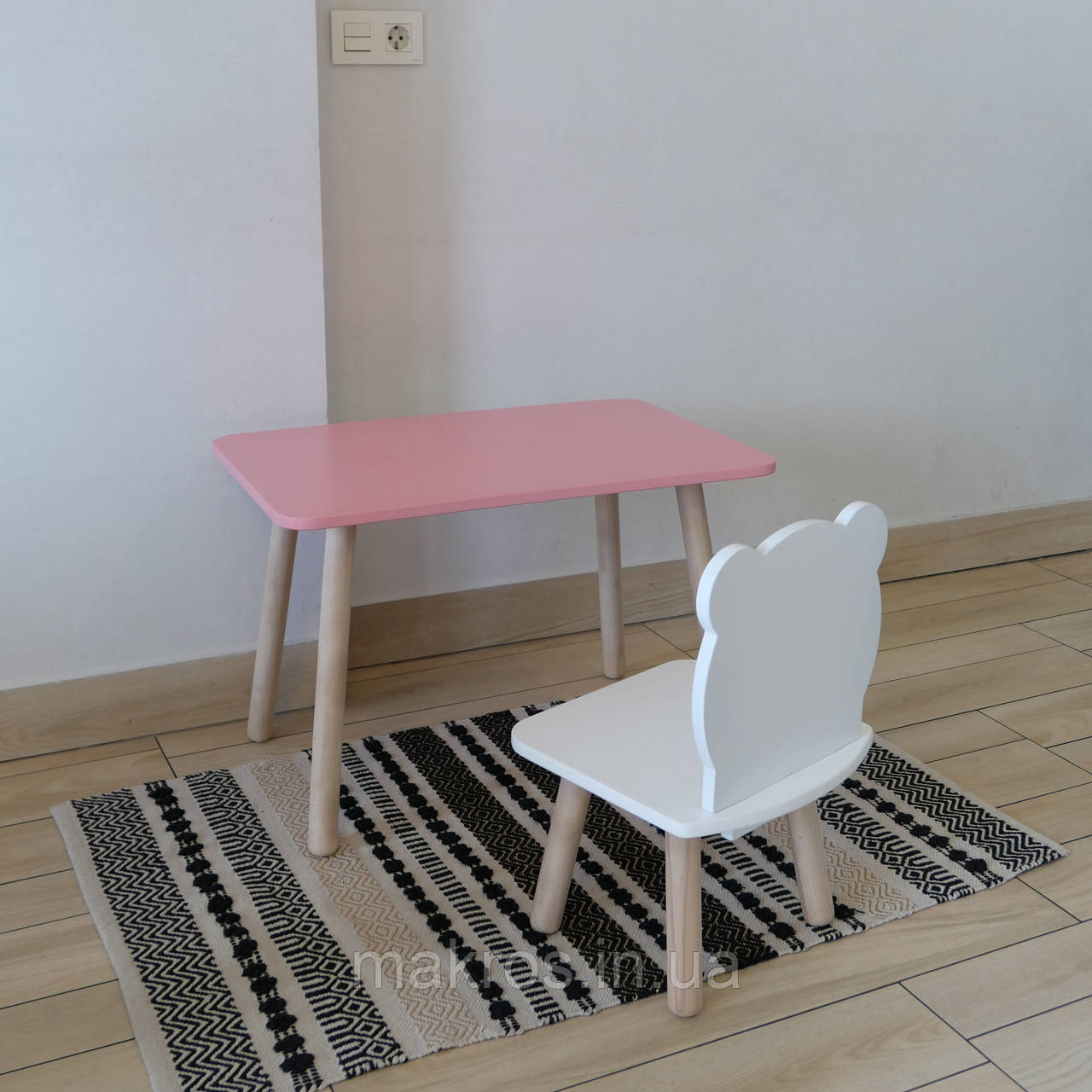 Комплект стіл та стул дитячий ChildWood - Set Стіл рожевий прямокутний + стілець білий Ведмедик (Фанера), фото 1
