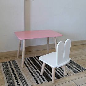 Комплект стіл та стул дитячий ChildWood - Set Стіл рожевий прямокутний + стілець білий Зайчик (Фанера)