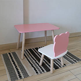 Комплект стіл та стул дитячий ChildWood - Set Стіл рожевий прямокутний + стілець білий рожевий Ведмедик