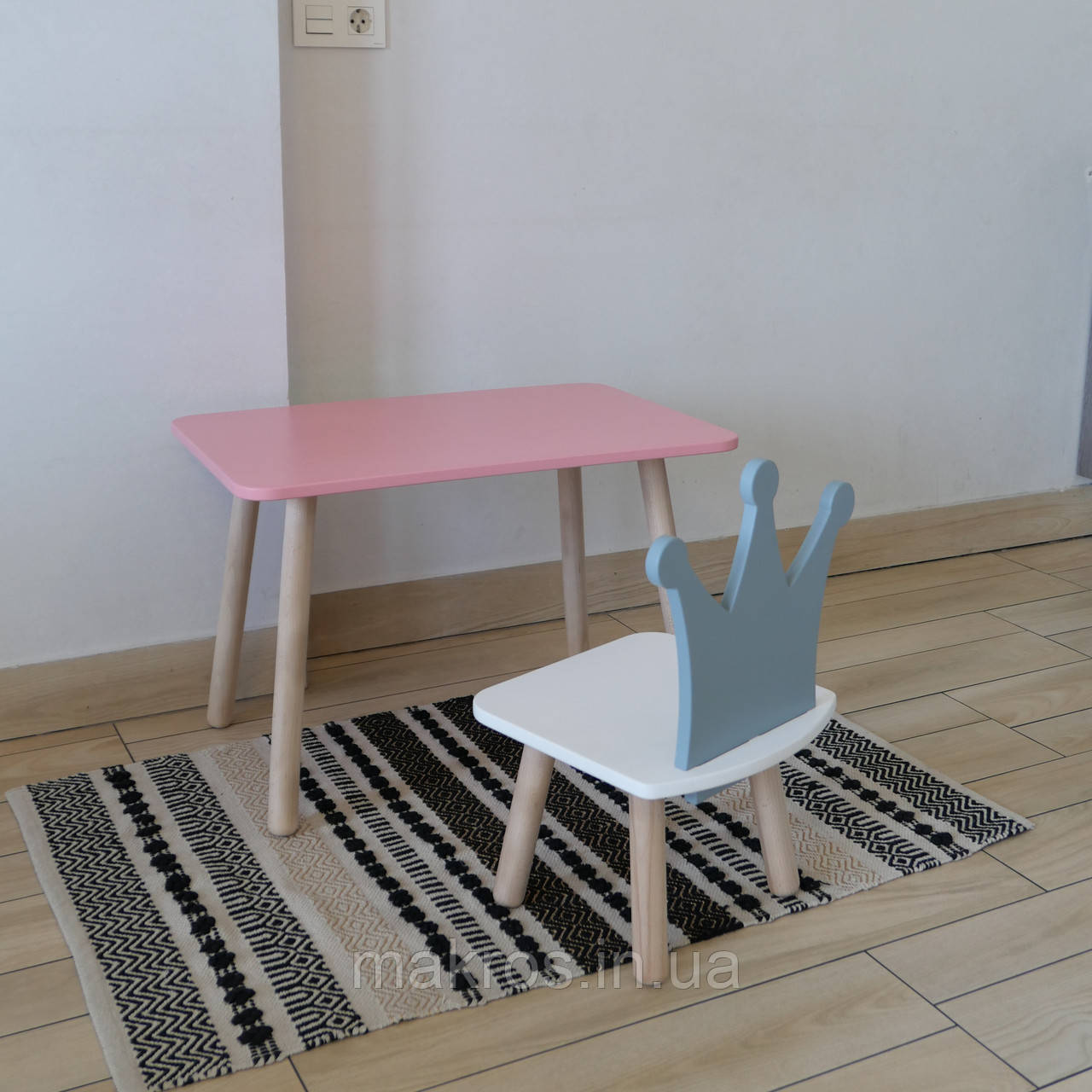 Комплект стіл та стул дитячий ChildWood - Set Стіл рожевий прямокутний + стілець білий сірий Корона (Фанера), фото 1