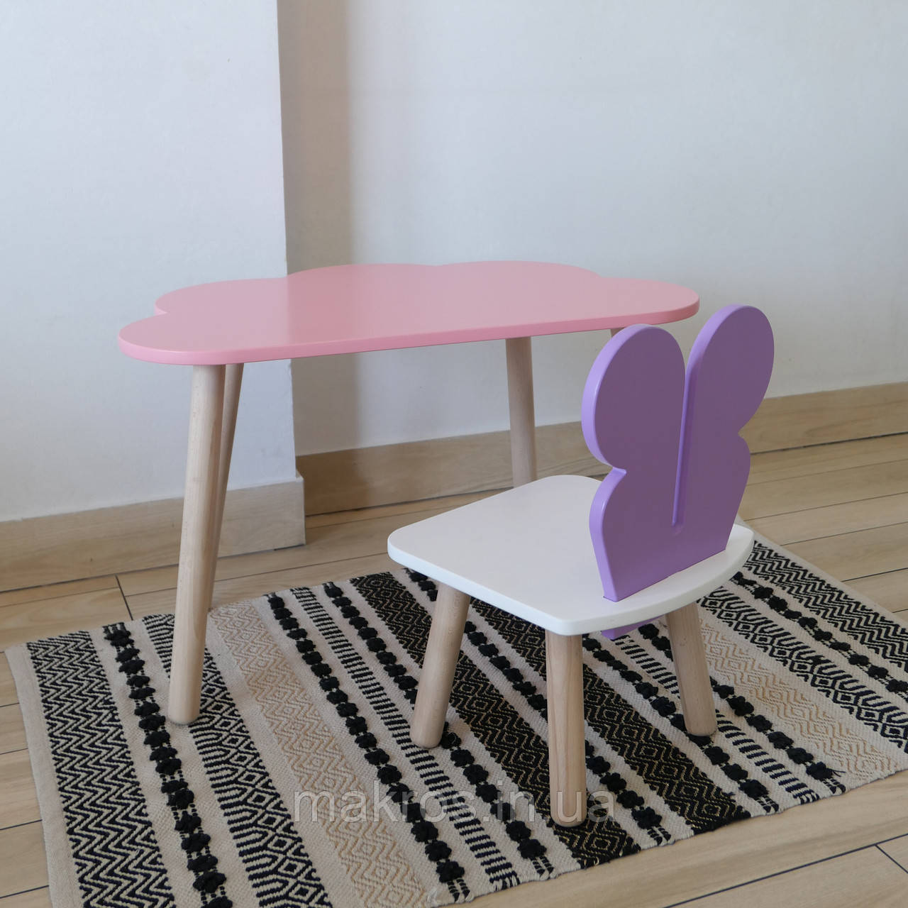 Комплект стіл та стул дитячий ChildWood - Set  Стіл рожевий хмаринка + стілець білий бузковий Метелик, фото 1