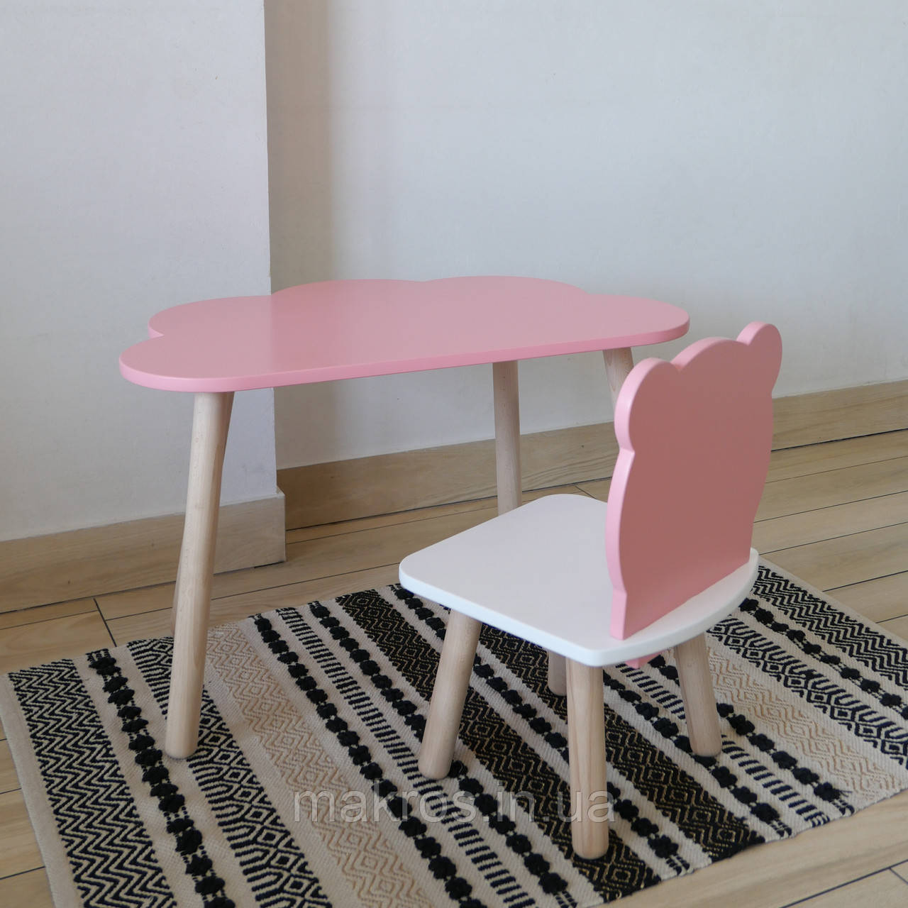 Комплект стіл та стул дитячий ChildWood - Set Стіл рожевий хмаринка + стілець білий рожевий Ведмедик (Фанера), фото 1