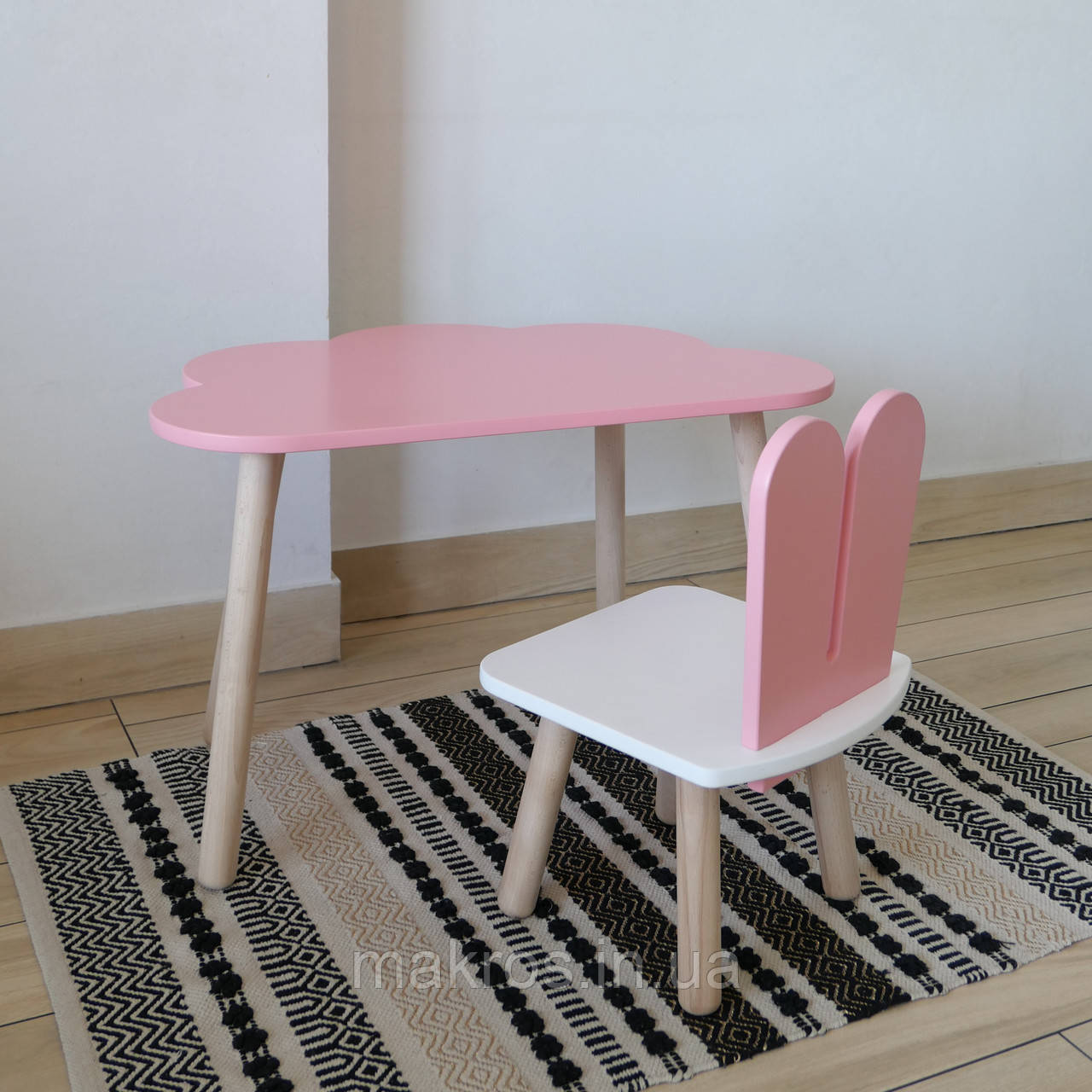 Комплект стіл та стул дитячий ChildWood - Set  Стіл рожевий хмаринка + стілець білий рожевий Зайчик  (Фанера), фото 1