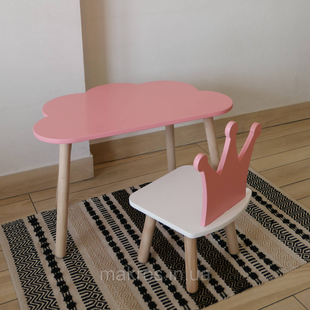 Комплект стіл та стул дитячий ChildWood - Set Стіл рожевий хмаринка + стілець білий рожевий Корона (Фанера), фото 1