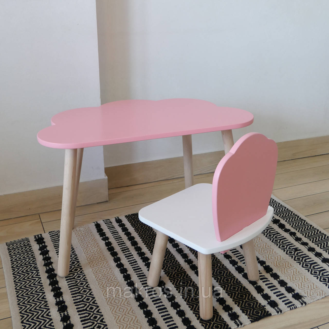 Комплект стіл та стул дитячий ChildWood - Set Стіл рожевий хмаринка + стілець білий рожевий Мушля (Фанера), фото 1