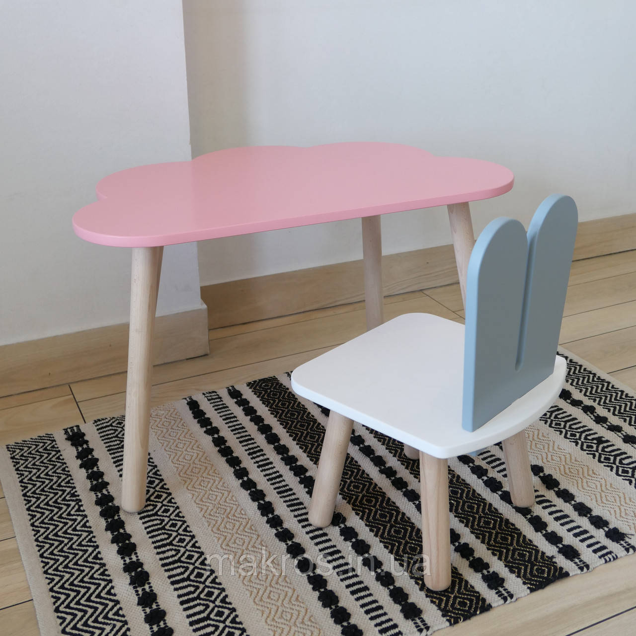 Комплект стіл та стул дитячий ChildWood - Set  Стіл рожевий хмаринка + стілець білий сірий Зайчик  (Фанера), фото 1