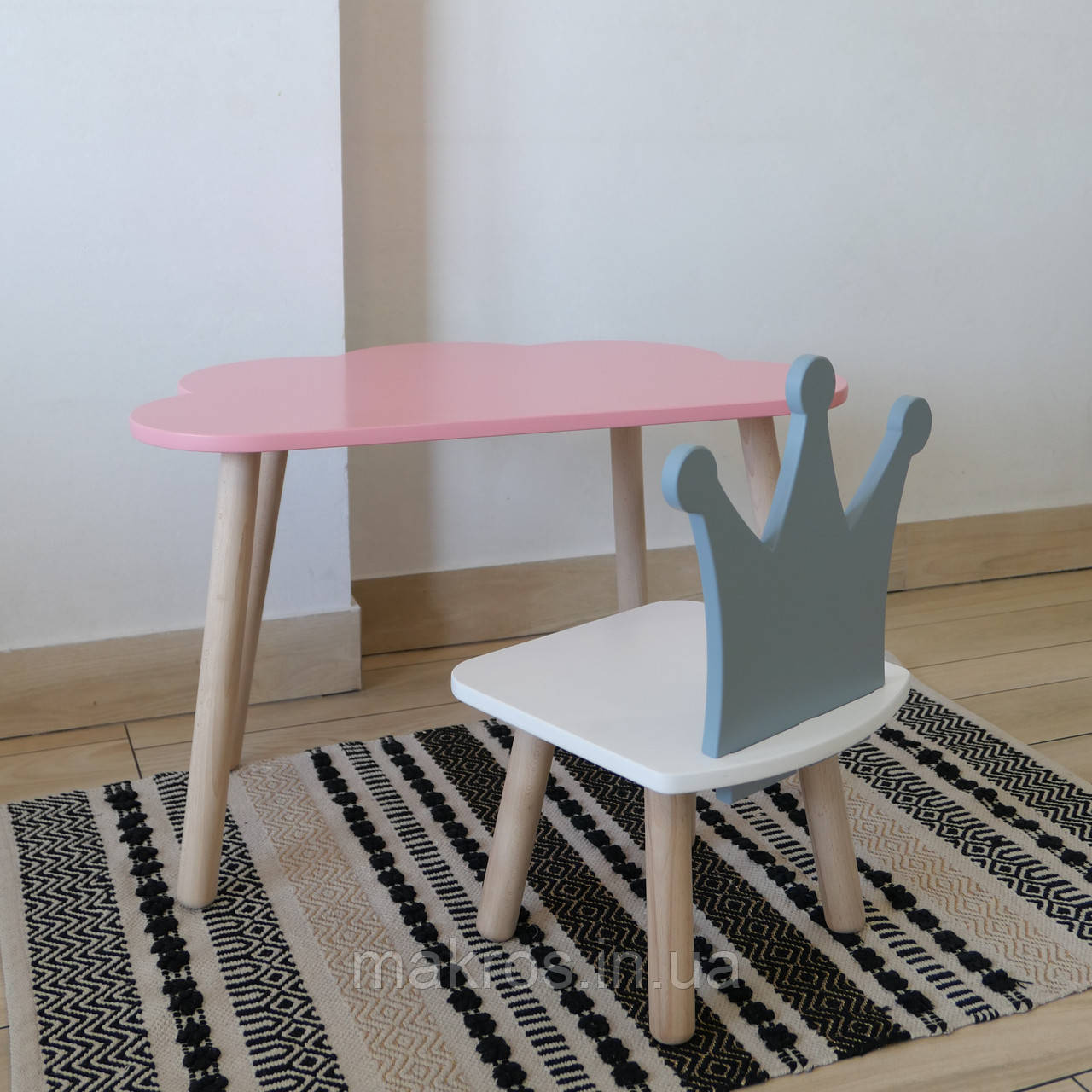 Комплект стіл та стул дитячий ChildWood - Set Стіл рожевий хмаринка + стілець білий сірий Корона (Фанера), фото 1