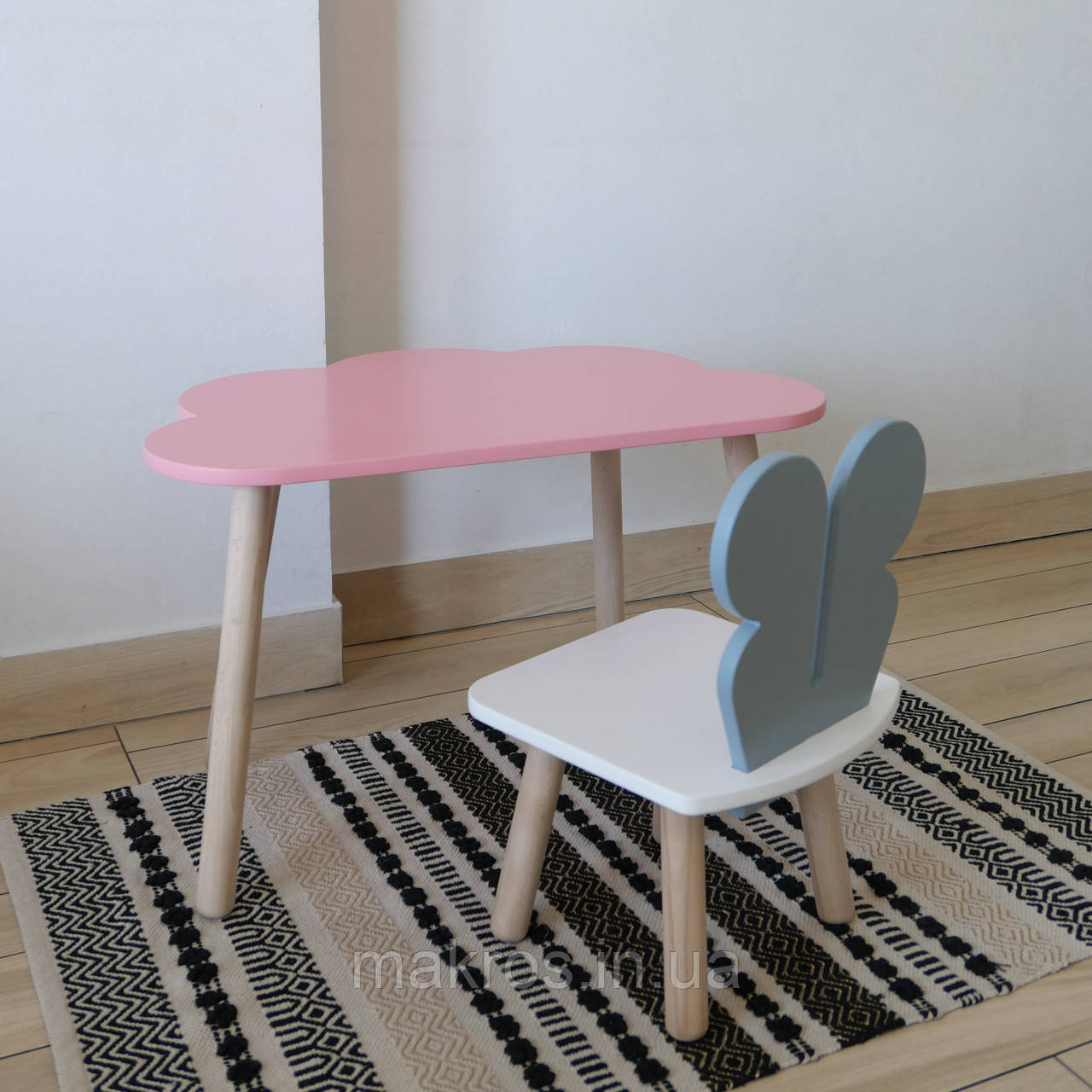 Комплект стіл та стул дитячий ChildWood - Set  Стіл рожевий хмаринка + стілець білий сірий Метелик  (Фанера), фото 1