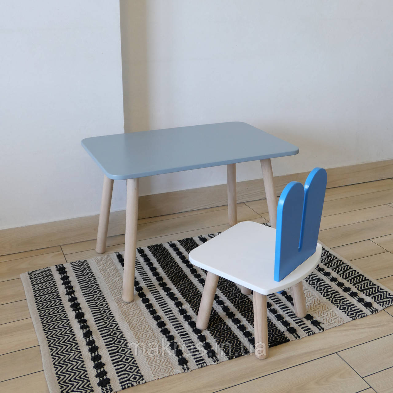 Комплект стіл та стул дитячий ChildWood - Set  Стіл сірий прямокутний + стілець білий блакитний Зайчик, фото 1