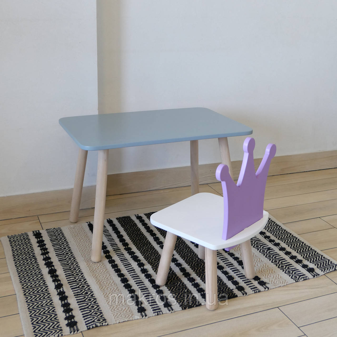 Комплект стіл та стул дитячий ChildWood - Set  Стіл сірий прямокутний + стілець білий бузковий Корона, фото 1