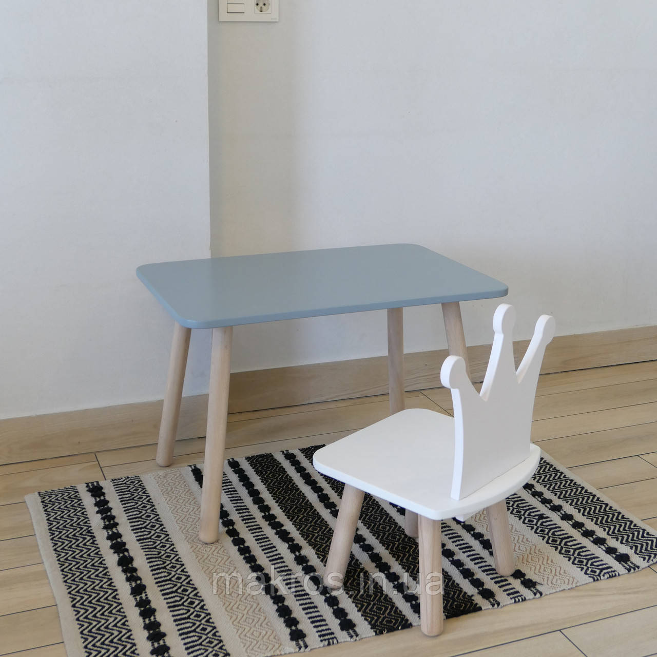Комплект стіл та стул дитячий ChildWood - Set Стіл сірий прямокутний + стілець білий Корона (Фанера), фото 1