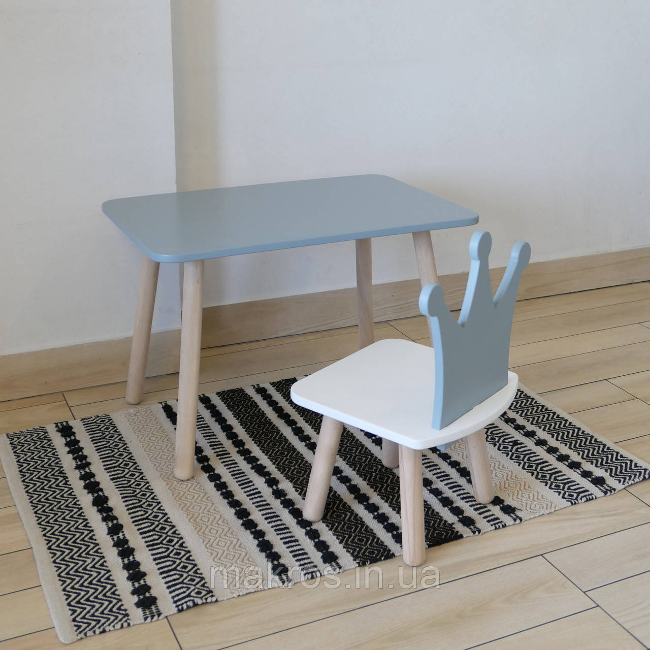 Комплект стіл та стул дитячий ChildWood - Set Стіл сірий прямокутний + стілець білий сірий Корона (Фанера), фото 1