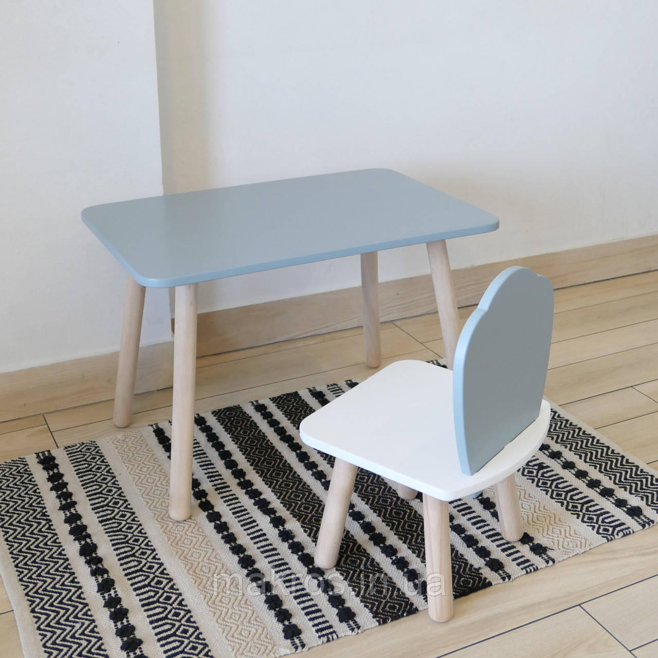 Комплект стіл та стул дитячий ChildWood - Set  Стіл сірий прямокутний + стілець білий сірий Мушля (Фанера), фото 1